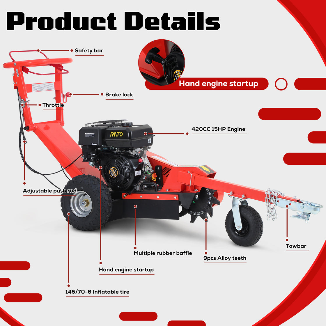 15hp 420cc Gas Power Stump Grinder with Tow Bar